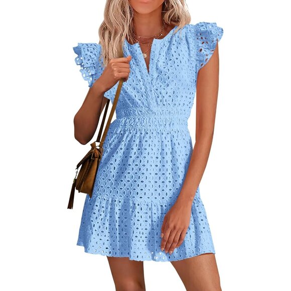 Women's Light Blue V Neck Eyelet Cap Sleeve Summer Beach Vacation Sundresseses - Picture 1 of 8